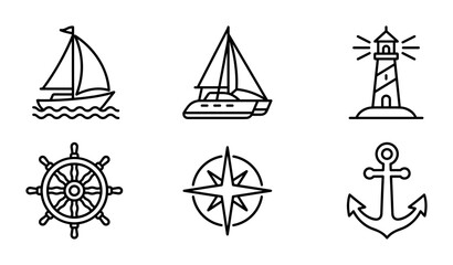 Nautical Icons Set: Sailboat, Catamaran, Lighthouse, Ship Wheel, Compass Rose, Anchor, Vector Graphics for Marine Themes © MalotiPs