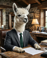 Naklejka premium A fluffy white alpaca in a wool-blend suit sits calmly observing a single document with steady brown eyes, showing complete business focus in warm rustic office light.