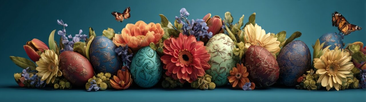 Vibrant spring enchantment: a floral and easter egg display. Product showcase. A creative layout of colorful florals and easter eggs against minimal nature. Luxury style. Professional look.