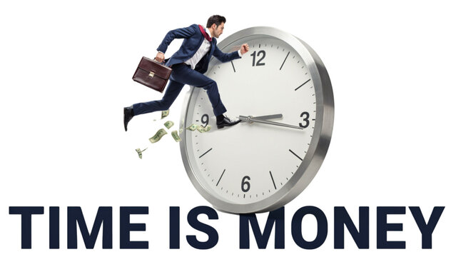 Person jumping over clock with money theme illustration Vector