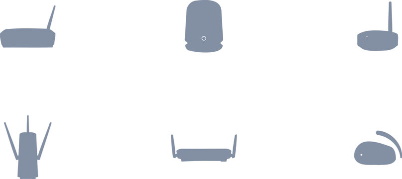 Collection of various wireless router and access point icons and symbols in silhouette for technology and connectivity concepts