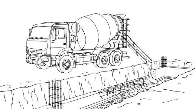 Cement Mixer Truck Pouring Concrete into Foundation Coloring Page Illustration