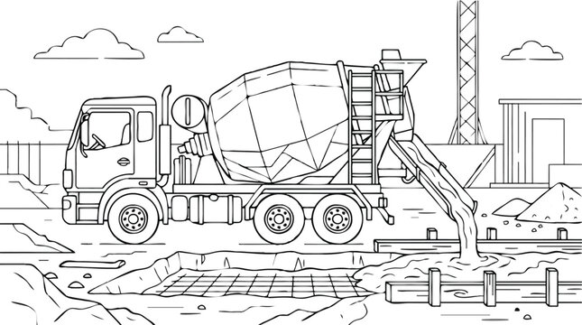 Concrete Mixer Truck at Construction Site Coloring Page for Kids - Line Art Illustration of Heavy Machinery Pouring Cement