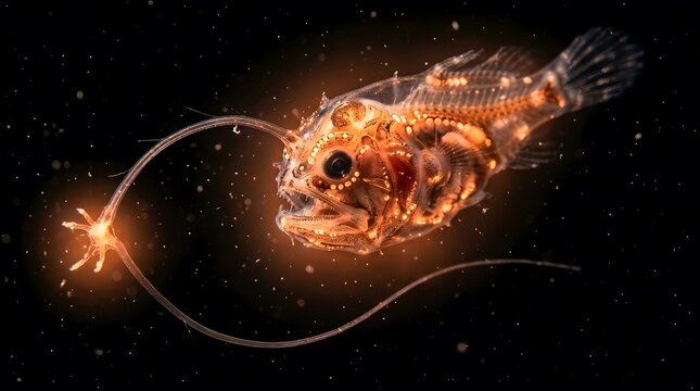 Bioluminescent deep sea anglerfish with glowing lure in the dark ocean water