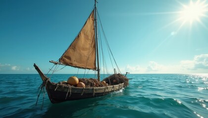 Fototapeta premium Makeshift sailboat drifts on vast ocean under bright sun. Old wooden boat with rag sail carries pumpkins and hay. Isolated water journey, endless blue horizon.