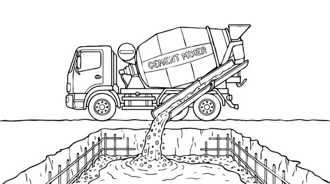 Cement Mixer Truck Vector Outline Illustration Pouring Concrete into Building Foundation, Construction Vehicle Coloring Page for Children