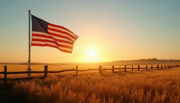 American flag waves over golden wheat field near wooden fence at sunrise. Rural landscape shows agriculture, patriotism, and freedom under a clear sky. Serene morning.