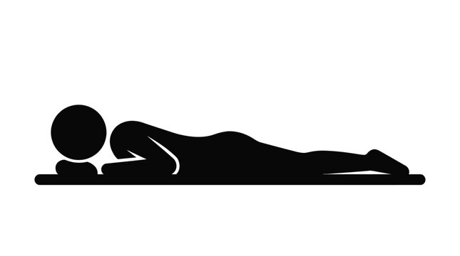 A simple black silhouette of a person lying face down on a surface.