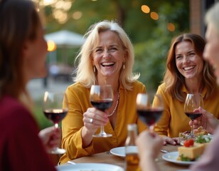 Plakat Women drink red wine at outdoor dinner party. Friends laugh and enjoy food, wine, and good company. People celebrate special occasion at restaurant.