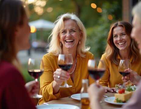Women drink red wine at outdoor dinner party. Friends laugh and enjoy food, wine, and good company. People celebrate special occasion at restaurant.