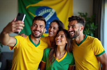 Obraz premium Young friends wear Brazil soccer jerseys taking a selfie photo. People celebrate game victory together in living room. Fans cheer team watching match on TV, happy faces show joy.