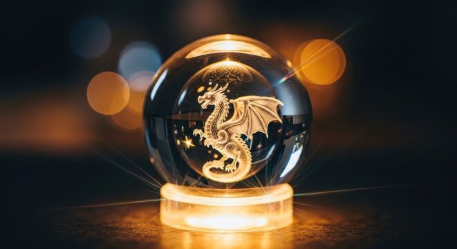 Intricately detailed crystal ball with dragon illustration and soft lighting