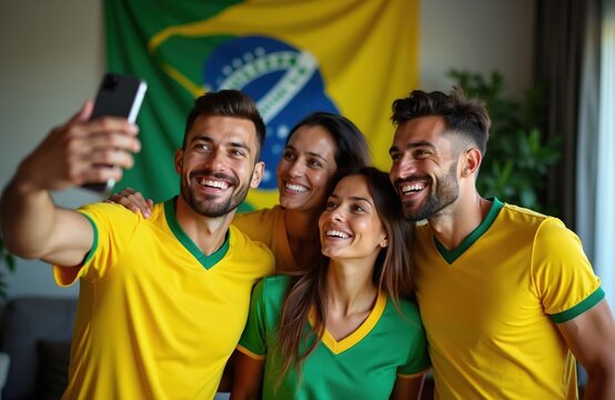 Young friends wear Brazil soccer jerseys taking a selfie photo. People celebrate game victory together in living room. Fans cheer team watching match on TV, happy faces show joy.