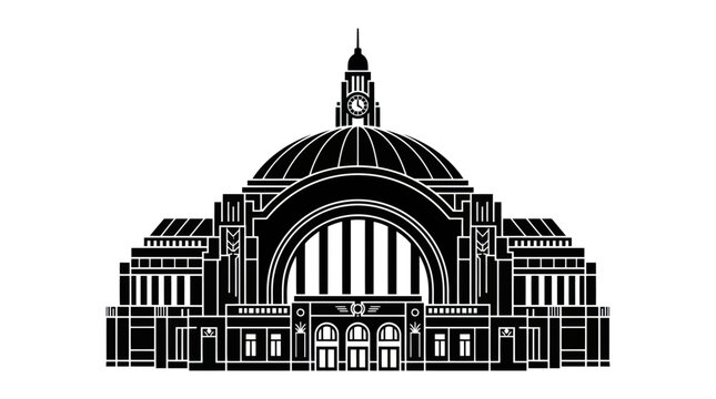 Art Deco Train Station Building Silhouette, Vintage Architecture