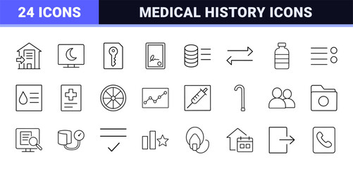 Naklejka premium Senior care plan line icon set. Vector pictograms of patient intake, medical history, clinical workflow, and health monitoring elements, thin linear illustration.