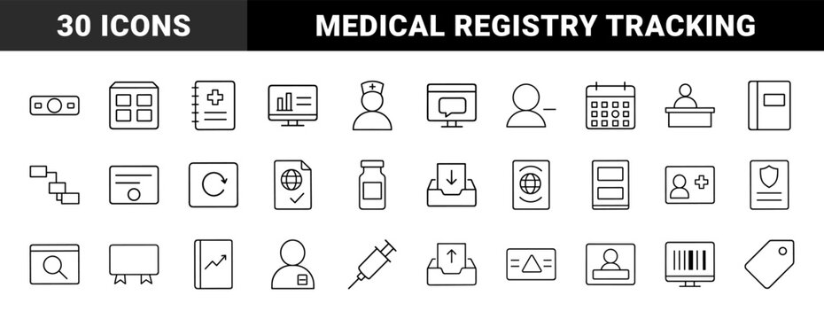 Healthcare administration line icon set. Vector pictograms of medical registry, immunization record, patient health, and clinic database elements, thin linear illustration.