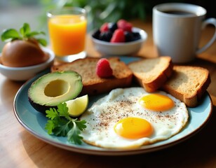 Healthy breakfast plate with fried eggs, avocado, toast, berries and orange juice. Coffee cup sits nearby. Morning meal is nutritious and balanced.