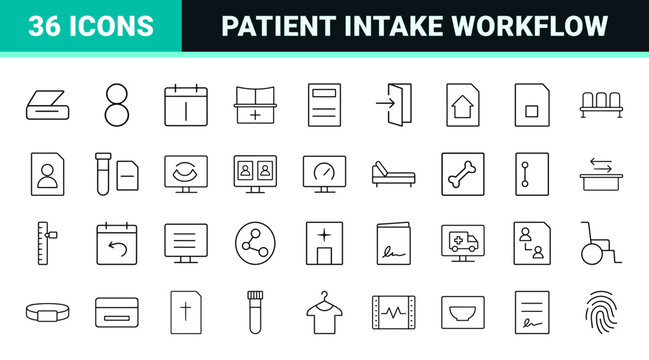 Hospital admission workflow line icon set. Vector pictograms of patient intake, medical registration, clinical triage, and healthcare administration elements, thin linear illustration.