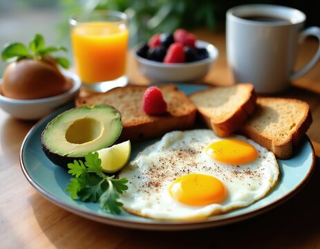 Healthy breakfast plate with fried eggs, avocado, toast, berries and orange juice. Coffee cup sits nearby. Morning meal is nutritious and balanced.