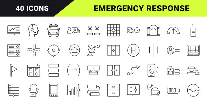 Ambulance dispatch workflow line icon set. Vector pictograms of emergency response, medical coordination, vehicle routing, and incident tracking elements, thin linear illustration.