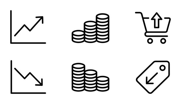 Financial Growth and Decline Icons, Shopping Cart and Price Tag Vector Set