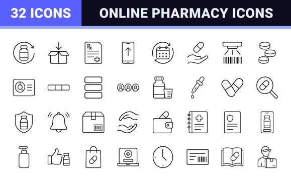 Online prescription refill line icon set. Vector pictograms of pharmacy, medication, telehealth, and delivery elements, thin linear illustration.