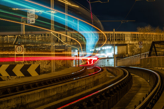 Dublin Night Train Light Trails On Tracks