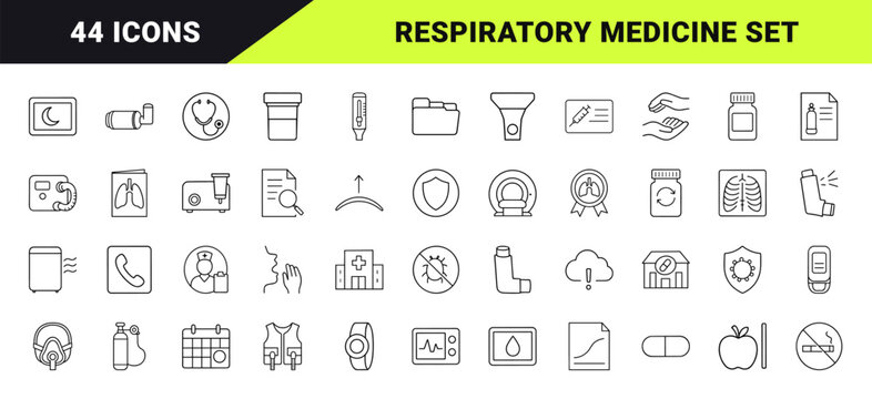 Chronic lung care line icon set. Vector pictograms of respiratory, medical, patient, and rehabilitation elements, thin linear illustration.
