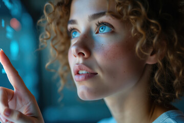 Obraz premium Young woman with curly hair touches glowing digital interface. Blue eyes focused on futuristic screen. Virtual HUD elements, AI data analysis, cyber interaction, startup innovation, future tech.