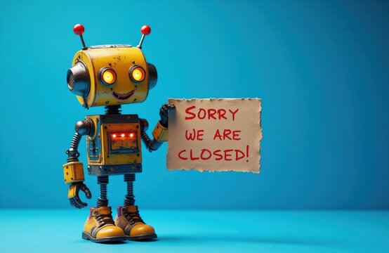 Yellow cartoon robot holds paper sign saying Sorry we are closed. Robotic handyman apologizes for service interruption or temporary closure.