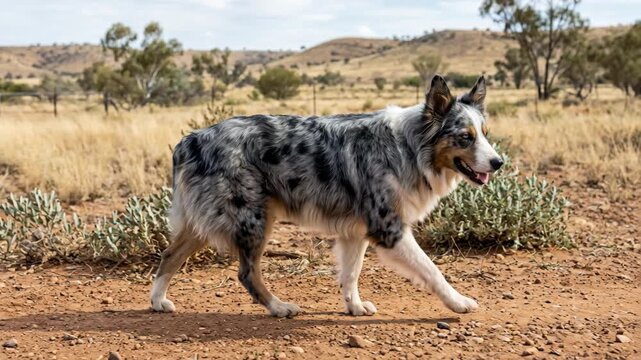 Australian shepherd dog with merle coat walking on red dirt in dry landscape