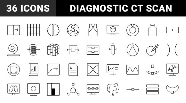 Computed tomography imaging line icon set. Vector pictograms of radiology, diagnostics, scanning, and oncology elements, thin linear illustration.