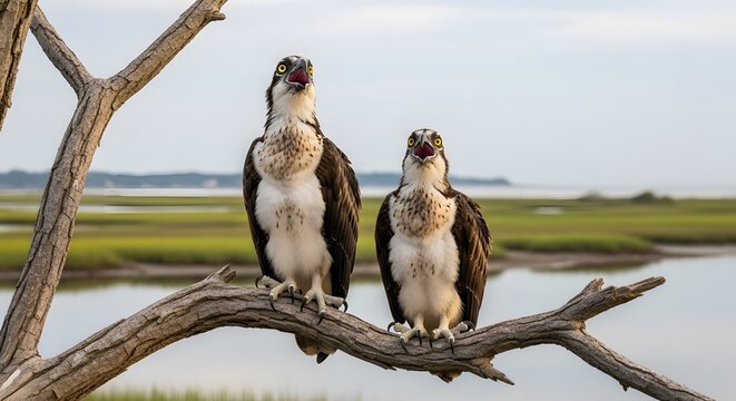 Two wild osprey birds perched on a dry tree branch in wetlands