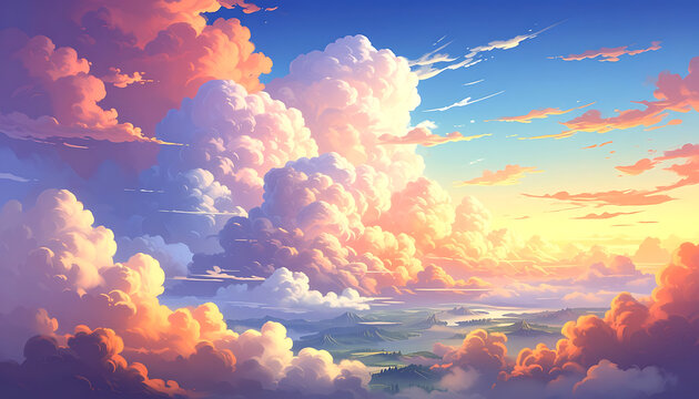 Pixel art sky with dramatic sunset clouds, ethereal light and landscape below, retro gaming aesthetic, digital art