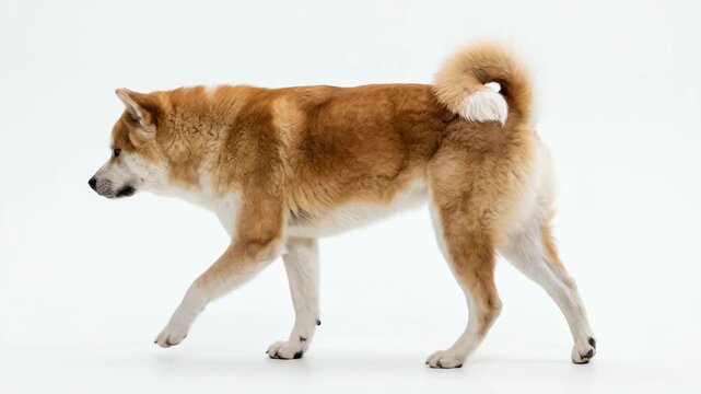 Akita dog with orange and white fur walks on white background curled tail