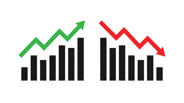 Two bar graphs show opposing trends with a green upward arrow and a red downward arrow.