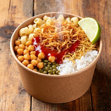  Hot Steaming Egyptian Koshary Bowl on Rustic Wooden Table Traditional Street Food with Tomato Sauce