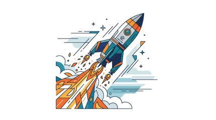 Colorful Rocket Launching Upward with Stars and Clouds, Flat Design © Fiji