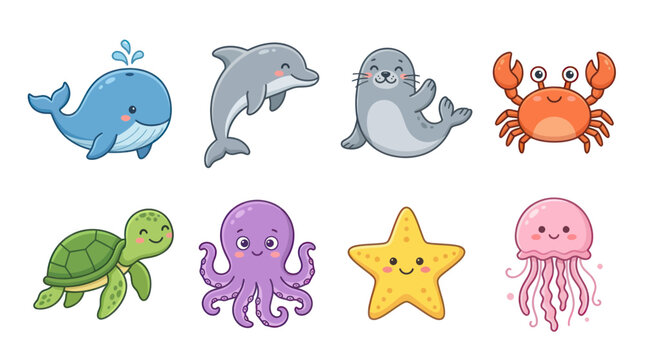 Cute Cartoon Sea Creatures Collection: Dolphin, Whale, Seal, Crab, Turtle, Octopus, Starfish, Jellyfish