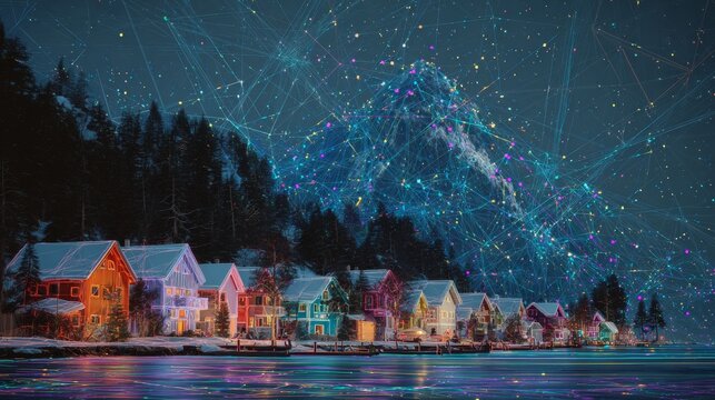 Idyllic colorful homes amidst serene lakes and snowy peaks. Cybe