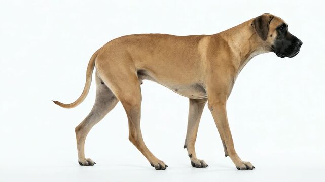 Large tan Great Dane dog walking on white background with black muzzle