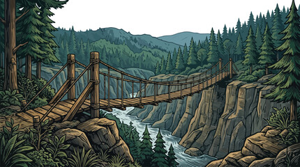Fototapeta premium Scenic river canyon with hydroelectric dam and evergreen forest vector illustration.
