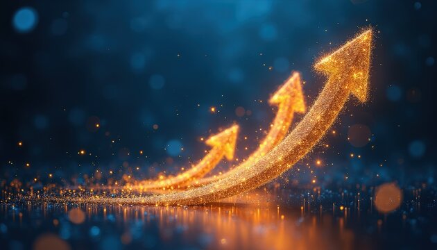 Three golden sparkling arrows ascend dynamically against a dark blue cosmic background. Particles glitter upwards, showing growth, success, and positive business momentum. Advancing future.
