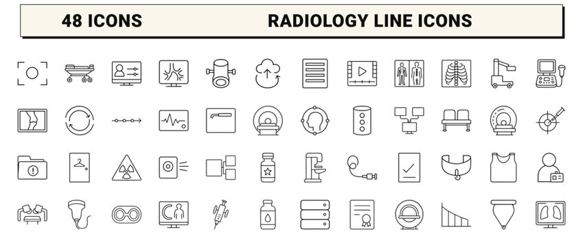 Healthcare medical line icon set. Vector pictograms of radiology, diagnostics, screening, and hospital elements, thin linear illustration.