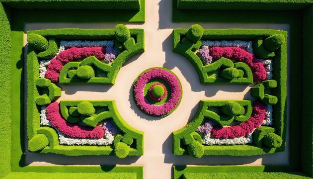 Aerial view of formal French garden parterre with symmetrical trimmed hedges and colorful flower beds. Top down view shows geometric patterns of green shrubs and pink white purple blooms.