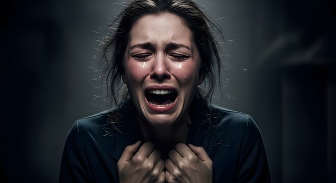 Desperate crying woman in tears screaming in distress dark portrait