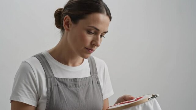 A person is stitching with red thread on an embroidery hoop in this close-up video