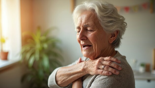 Elderly woman has severe shoulder pain. She winces in discomfort at home, holding her arm. This shows chronic ache. Older adult suffers ache.