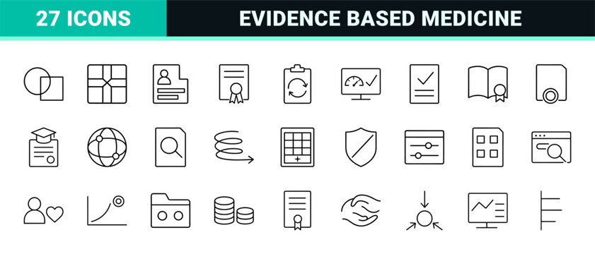 Evidence based practice line icon set. Vector pictograms of clinical research, medical data, healthcare statistics, and research analysis elements, thin linear illustration.