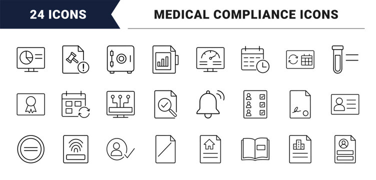 Credentialing tracking line icon set. Vector pictograms of verification, compliance, certification, and licensing elements, thin linear illustration.